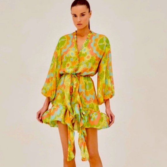 Alexis Analia Silk Retro 70’s Floral Designer Dress Women’s Size Large Ruffle - Picture 1 of 9